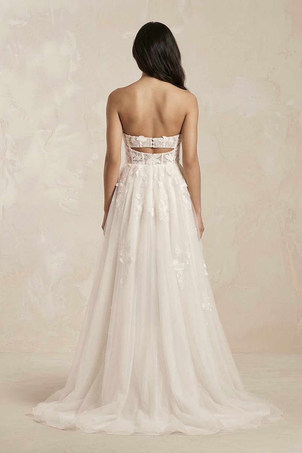 Strapless Tulle Corset A - Line Appliqued Wedding Dress in Ivory - SHE IS ME Wedding Dresses
