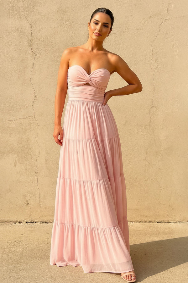Strapless Twist - Front Tiered Maxi Dress in Blush - SHE IS ME