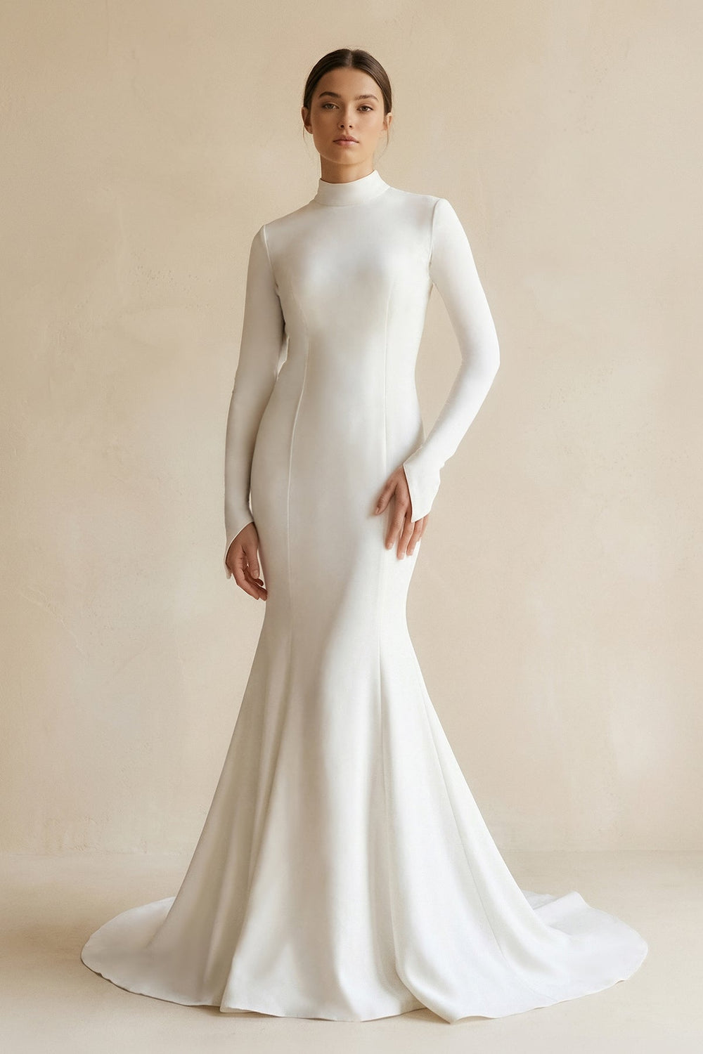 Stretch Satin High - Neck Mermaid Wedding Dress in White - SHE IS ME Wedding Dresses