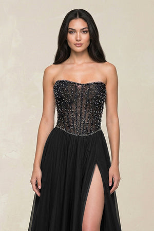 Stunning Strapless Tulle A - Line Corset Wedding Dress With Slit in Black - SHE IS ME Wedding Dresses