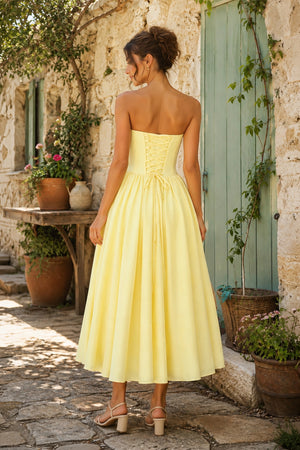 Sweetheart A-Line Corset Pleated Midi Dress in Yellow– SHE IS ME Dresses