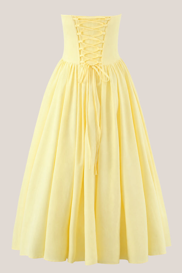 Sweetheart A-Line Corset Pleated Midi Dress in Yellow– SHE IS ME Dresses
