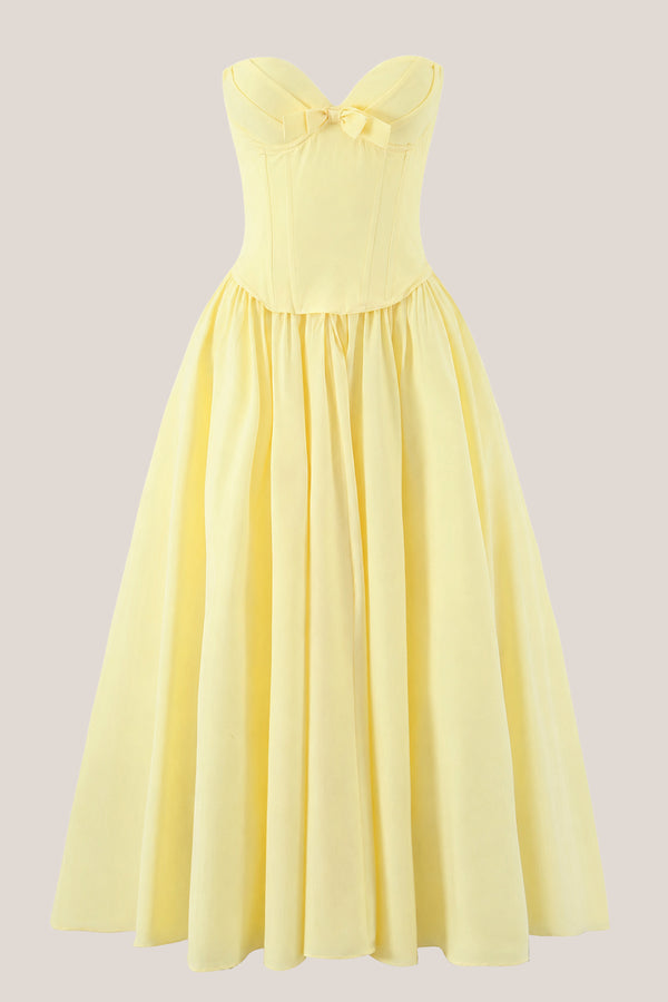 Sweetheart A-Line Corset Pleated Midi Dress in Yellow– SHE IS ME Dresses