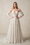 Sweetheart A - Line Lace Corset Appliqued Wedding Dress With Detachable Sleeves in Ivory - SHE IS ME Wedding Dresses
