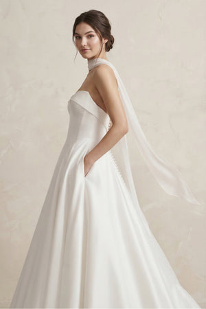 Sweetheart A - Line Satin Ball Gown Wedding Dress in White - SHE IS ME Wedding Dresses