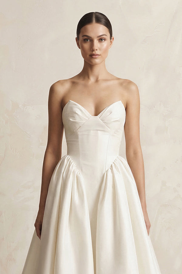 Sweetheart A - Line Satin Corset Wedding Dress in Ivory - SHE IS ME Wedding Dresses