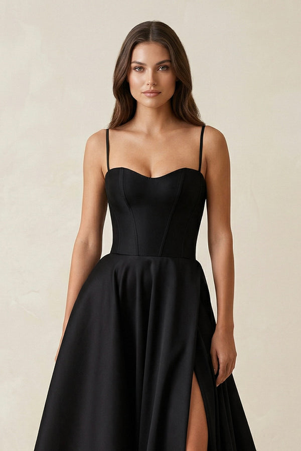 Sweetheart A - Line Satin Corset Wedding Dress with Slit in Black - SHE IS ME Wedding Dresses