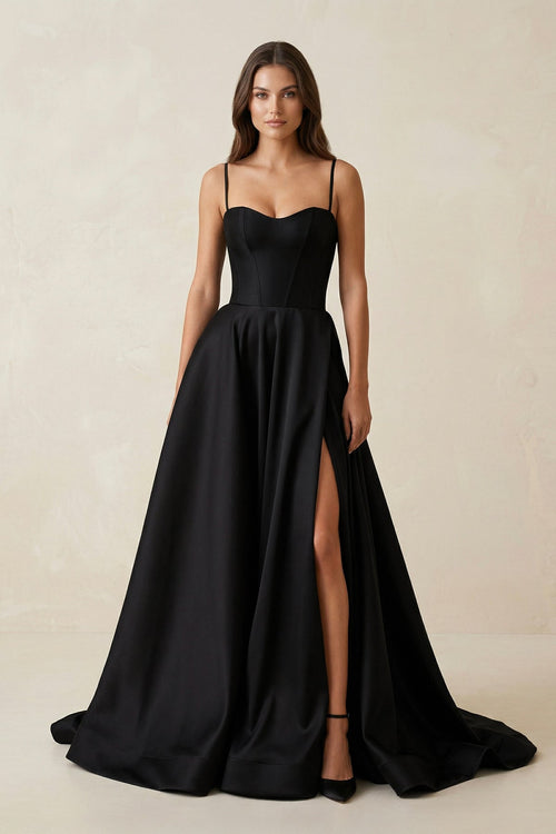 Sweetheart A - Line Satin Corset Wedding Dress with Slit in Black - SHE IS ME Wedding Dresses
