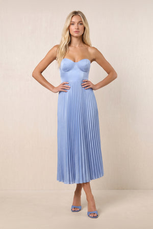 Sweetheart A-Line Satin Pleated Midi Dress in Sky Blue– SHE IS ME Dresses