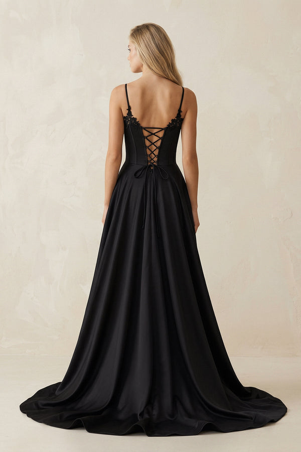 Sweetheart A - Line Satin Ruched Wedding Dress with Slit in Black - SHE IS ME Wedding Dresses