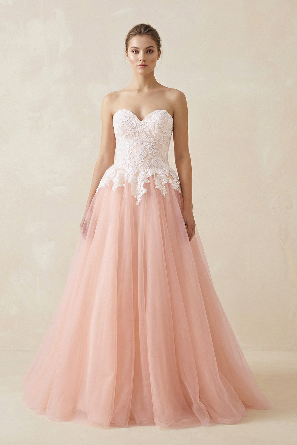 Sweetheart A - Line Tulle Appliqued Wedding Dress in Pink - SHE IS ME Wedding Dresses