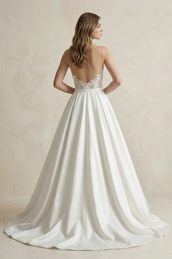 Sweetheart Appliqued Satin Ball Gown Wedding Dress in White - SHE IS ME Wedding Dresses