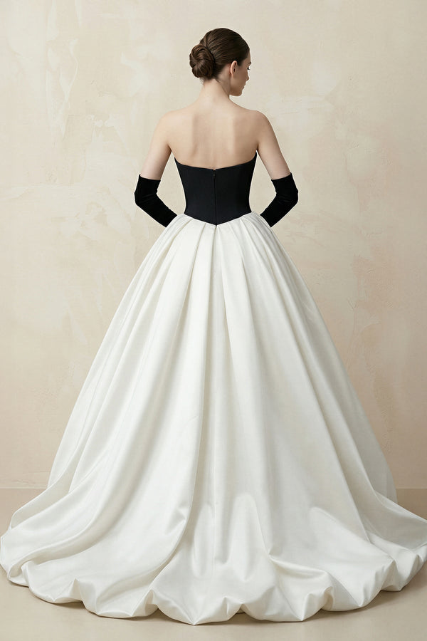 Sweetheart Ball Gown Beaded Satin Wedding Dress With Slit in Black and White - SHE IS ME Wedding Dresses