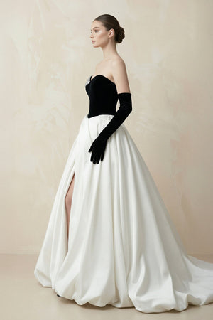 Sweetheart Ball Gown Beaded Satin Wedding Dress With Slit in Black and White - SHE IS ME Wedding Dresses
