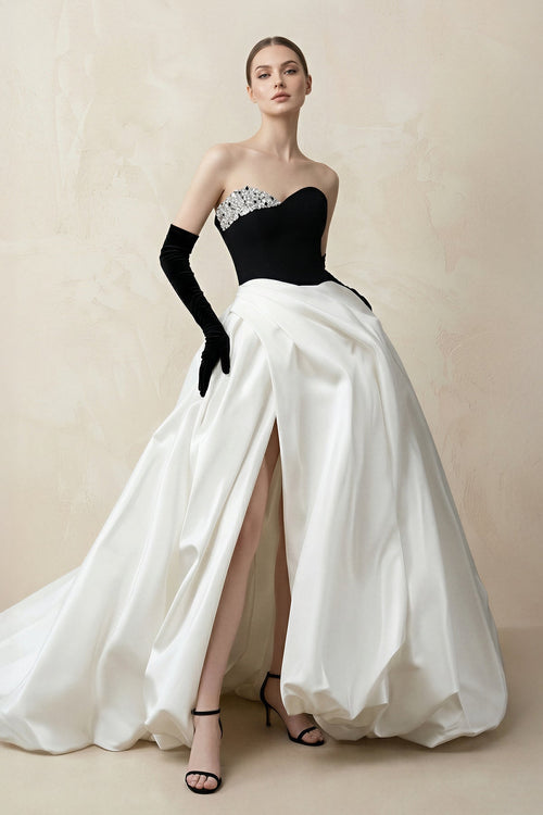 Sweetheart Ball Gown Beaded Satin Wedding Dress With Slit in Black and White - SHE IS ME Wedding Dresses