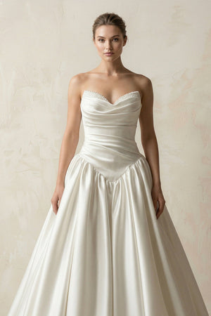 Sweetheart Ball - Gown Satin Ruched Wedding Dress in White - SHE IS ME Wedding Dresses