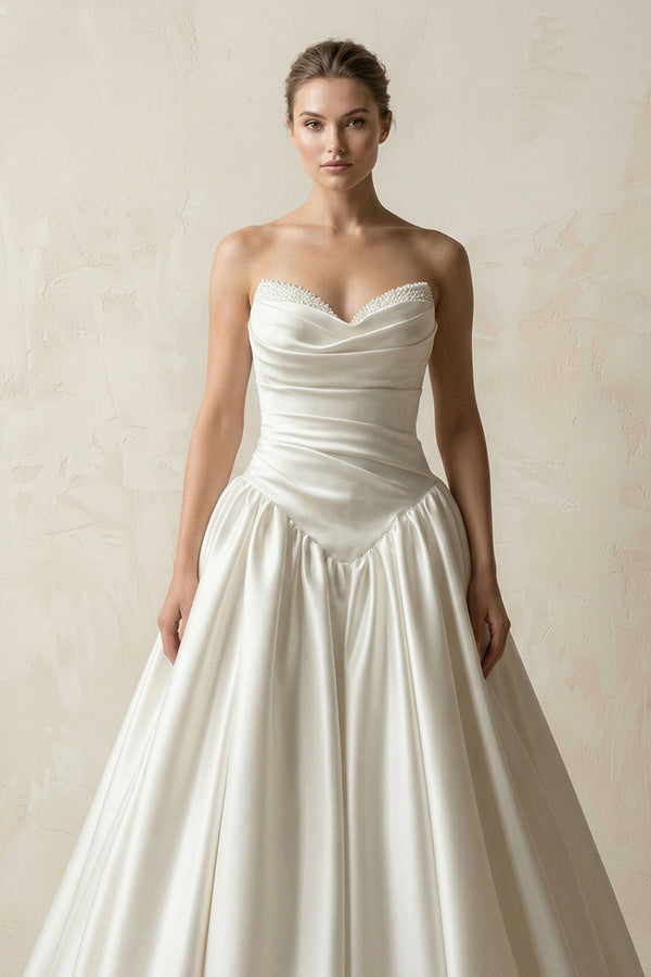 Sweetheart Ball - Gown Satin Ruched Wedding Dress in White - SHE IS ME Wedding Dresses