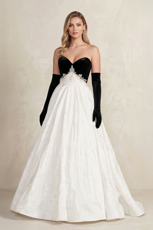 Sweetheart Jacquard Ball Gown Wedding Dress with Sleeves in Black and White - SHE IS ME Wedding Dresses