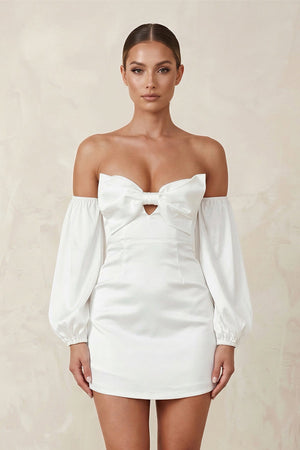Sweetheart Keyhole Satin Sheath Mini Wedding Dress With Sleeves in White - SHE IS ME Wedding Dresses