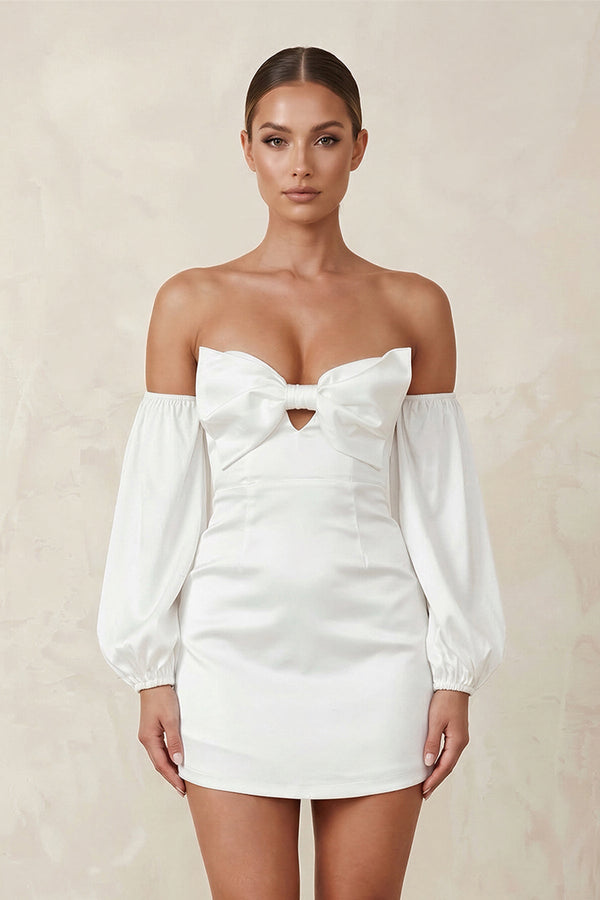 Sweetheart Keyhole Satin Sheath Mini Wedding Dress With Sleeves in White - SHE IS ME Wedding Dresses