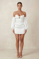 Sweetheart Keyhole Satin Sheath Mini Wedding Dress With Sleeves in White - SHE IS ME Wedding Dresses