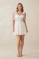 Sweetheart Lace Ruched Mini Wedding Dress With Bow in White - SHE IS ME Wedding Dresses