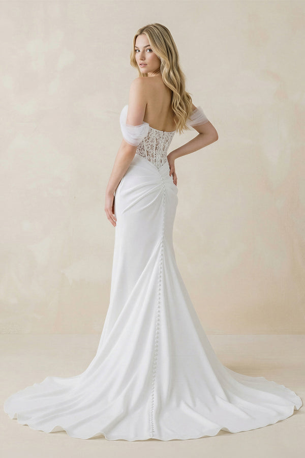 Sweetheart Mermaid Corset Lace Satin Wedding Dress With Scarf in White - SHE IS ME Wedding Dresses