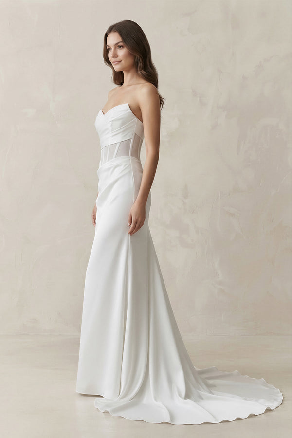 Sweetheart Mermaid Satin Corset Wedding Dress in White - SHE IS ME Wedding Dresses