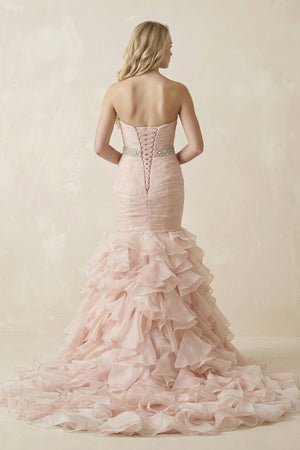 Sweetheart Mermaid Tulle Ruffled Wedding Dress With Waist Embellishment in Pink - SHE IS ME Wedding Dresses