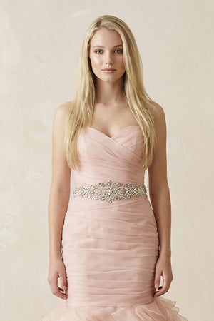 Sweetheart Mermaid Tulle Ruffled Wedding Dress With Waist Embellishment in Pink - SHE IS ME Wedding Dresses