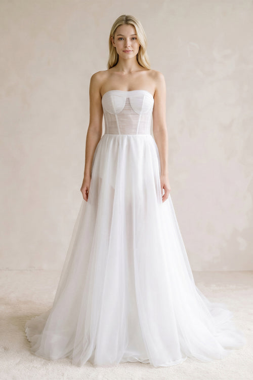 Sweetheart Pleated A-Line Tulle Corset Wedding Dress in White