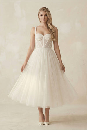 Sweetheart Polka Dot Tulle A - Line Corset Midi Wedding Dress in Ivory - SHE IS ME Wedding Dresses