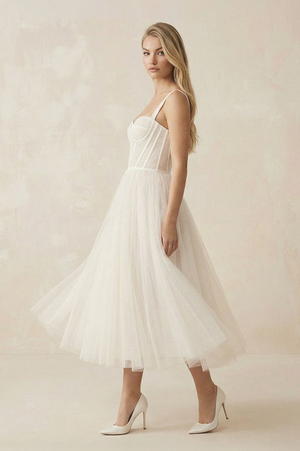 Sweetheart Polka Dot Tulle A - Line Corset Midi Wedding Dress in Ivory - SHE IS ME Wedding Dresses