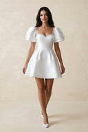 Sweetheart Puff Sleeves Satin A - Line Wedding Dress in White - SHE IS ME Wedding Dresses