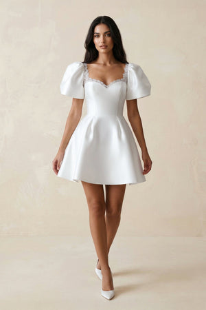 Sweetheart Puff Sleeves Satin A - Line Wedding Dress in White - SHE IS ME Wedding Dresses