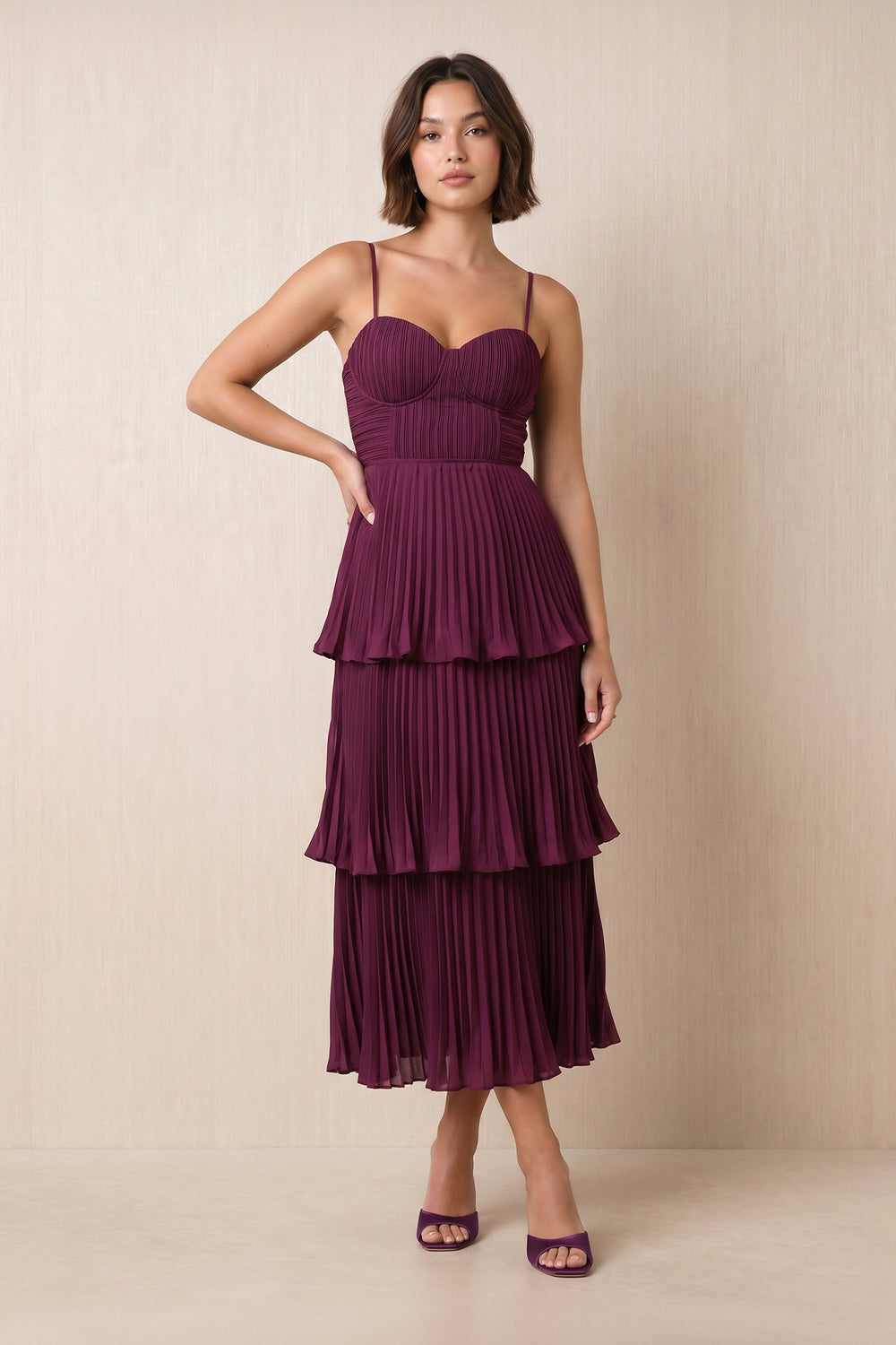 Sweetheart Ruffled Chiffon Tiered A-Line Midi Dress in Berry– SHE IS ME Dresses