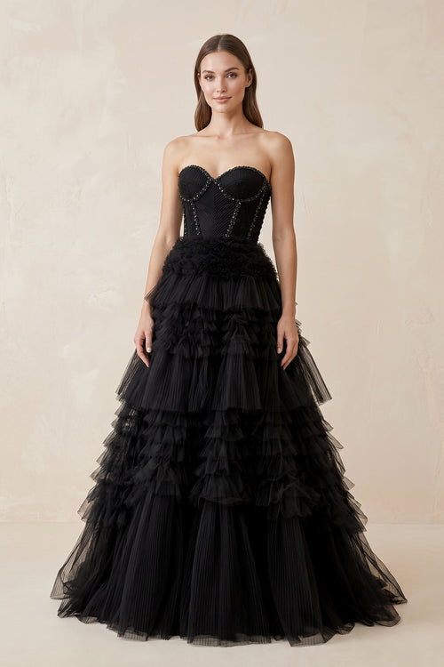 Sweetheart Ruffled Tulle Wedding Dress With Beading in Black - SHE IS ME Wedding Dresses