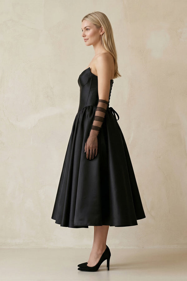 Sweetheart Satin A - Line Midi Wedding Dress With Sleeves in Black - SHE IS ME Wedding Dresses