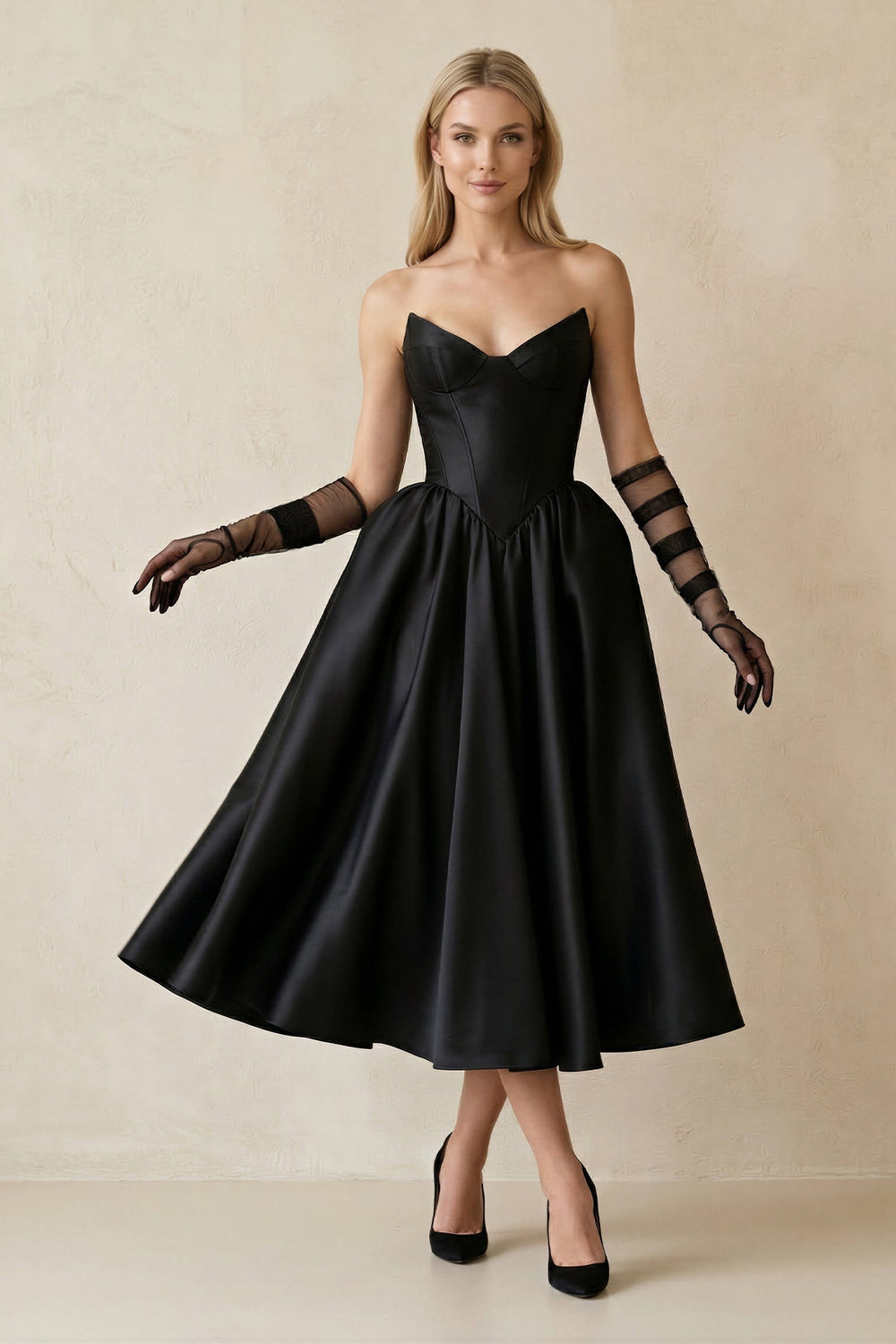 Sweetheart Satin A - Line Midi Wedding Dress With Sleeves in Black - SHE IS ME Wedding Dresses
