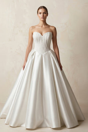 Sweetheart Satin Ball Gown Corset Wedding Dress in White - SHE IS ME Wedding Dresses