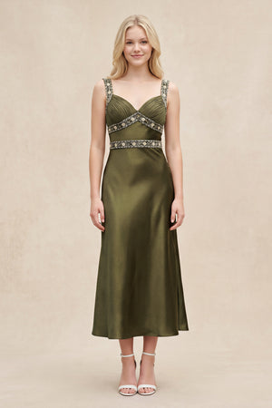 Sweetheart Satin Pleated Sheath Rhinestone Midi Dress in Olive – SHE IS ME Dresses