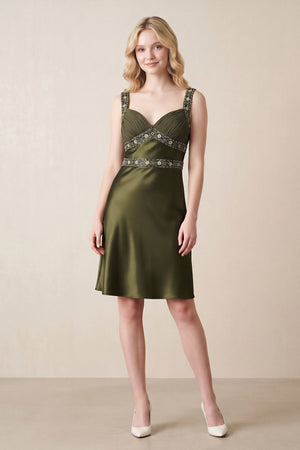 Sweetheart Satin Sheath Mini Dress with Rhinestone in Olive – SHE IS ME Dresses