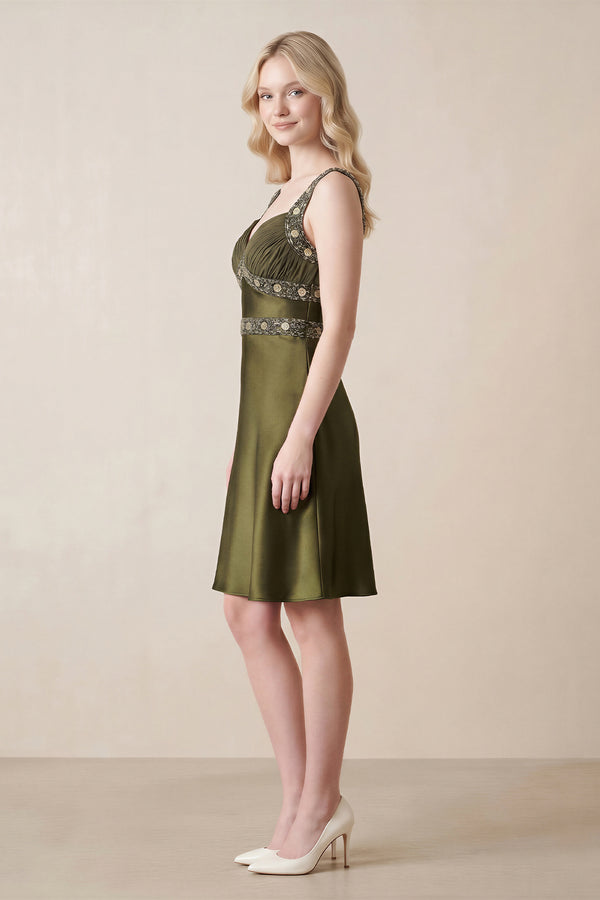 Sweetheart Satin Sheath Mini Dress with Rhinestone in Olive – SHE IS ME Dresses