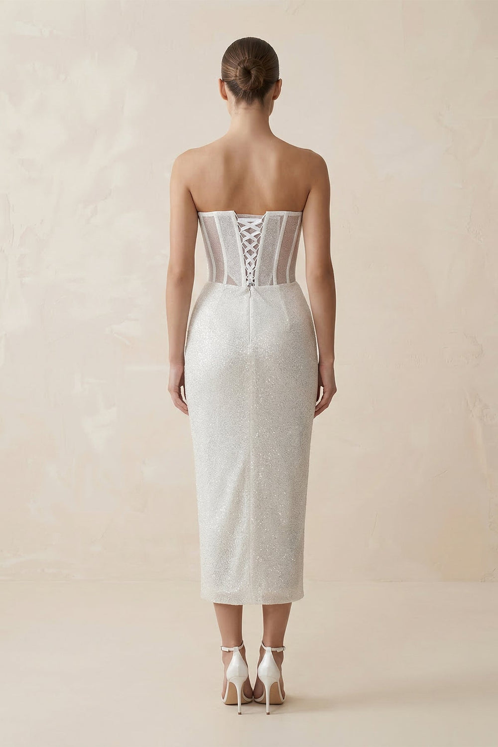 Sweetheart Sheath Sequined Corset Wedding Dress in White - SHE IS ME Wedding Dresses