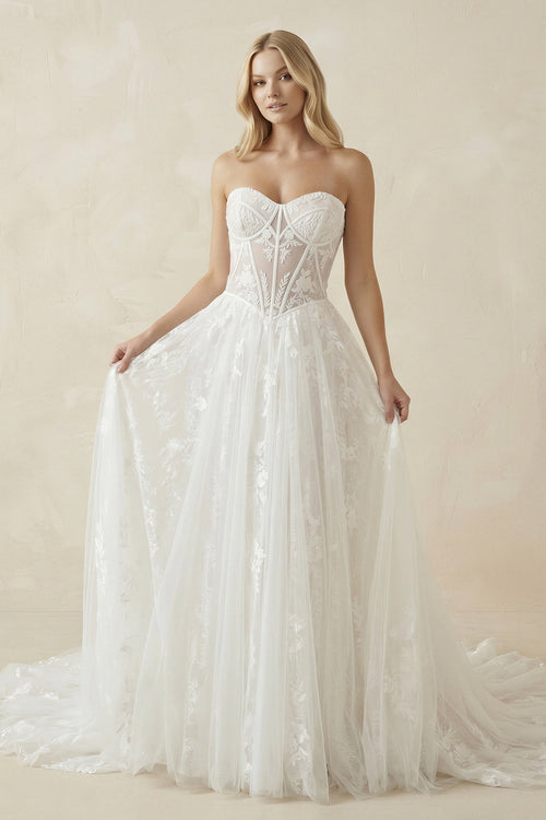 Sweetheart Tulle Appliqued A - Line Corset Wedding Dress in White - SHE IS ME Wedding Dresses