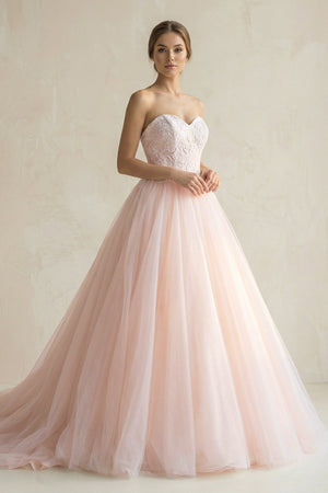 Sweetheart Tulle Ball Gown Appliqued Wedding Dress in Pink - SHE IS ME Wedding Dresses