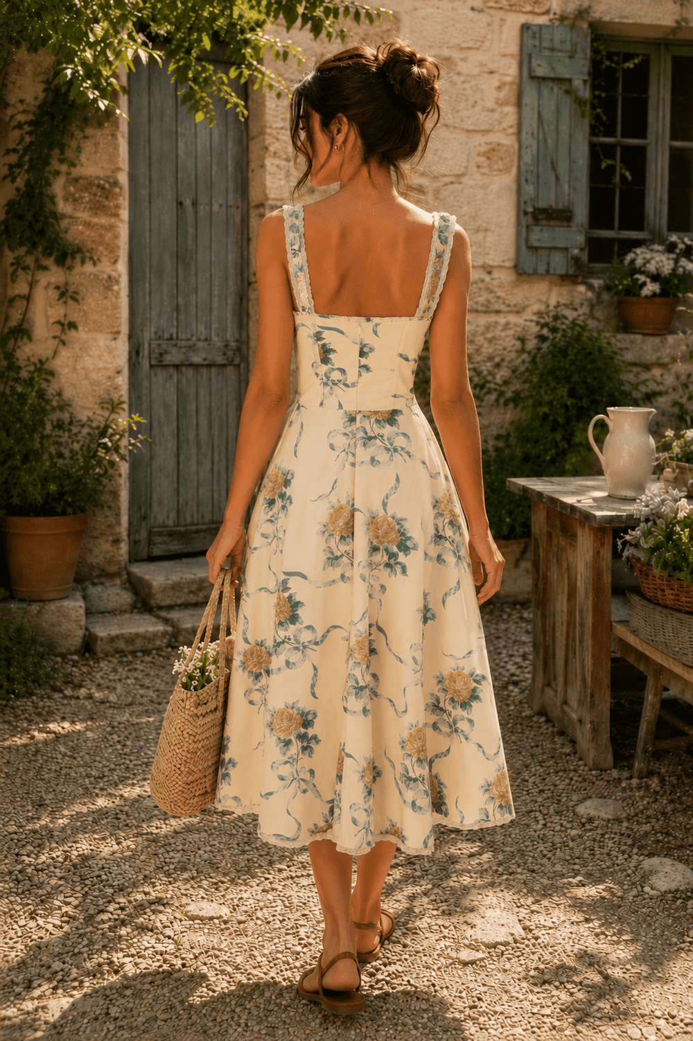 Sweetheart Vintage Rose Printed Cotton Midi Dress in Yellow - SHE IS ME Dresses