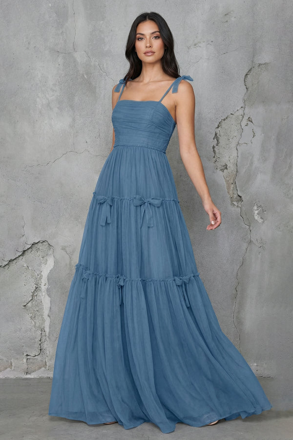 Tiered Maxi Dress With Bow in Steel Blue - SHE IS ME