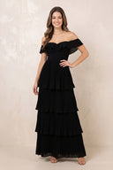 Tiered Pleated Off-the-Shoulder Chiffon Maxi Dress in Black – SHE IS ME Dresses