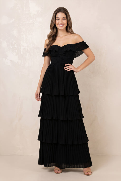 Tiered Pleated Off-the-Shoulder Chiffon Maxi Dress in Black – SHE IS ME Dresses
